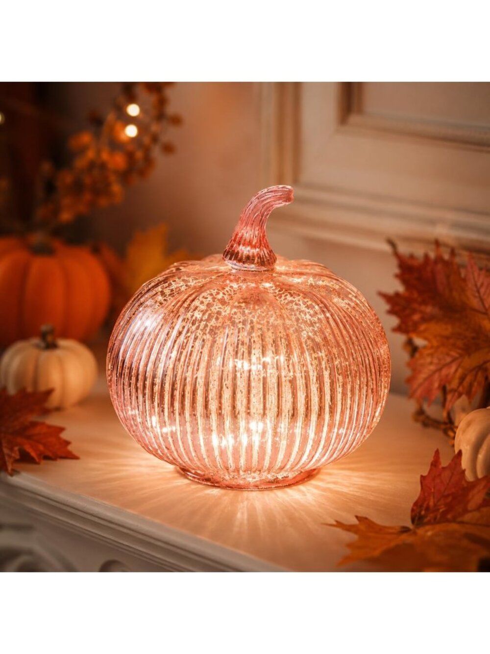 5.5"(14cm) Mercury Glass Light up Pumpkin Timer Rose Gold Battery Operated Decor